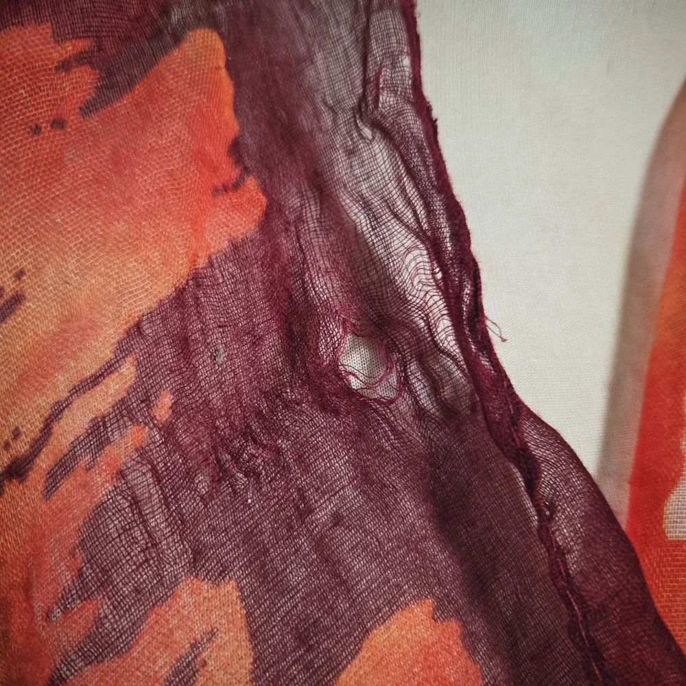 Abstract Print Scarf Large Orange Burgundy Sheer Lightweight Wrap Shawl 78x46